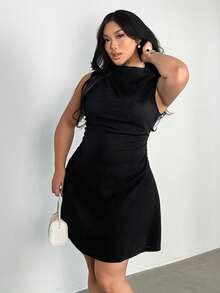 Firerie Plus Size Women's Elegant Minimalist Delicate Romantic Sweet Daily Commute Wedding Party Music Festival Vacation Side Ruched Waist A-Line Umbrella Mini Sleeveless Short Dress, Red; Birthday Party Dress - Black - View 6