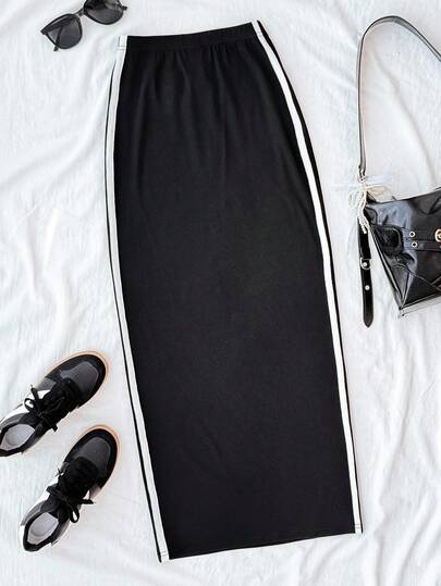 SHEIN Glowzi Teen Girl Casual Black Snug Fit Side White Tape Skirt Fall Winter