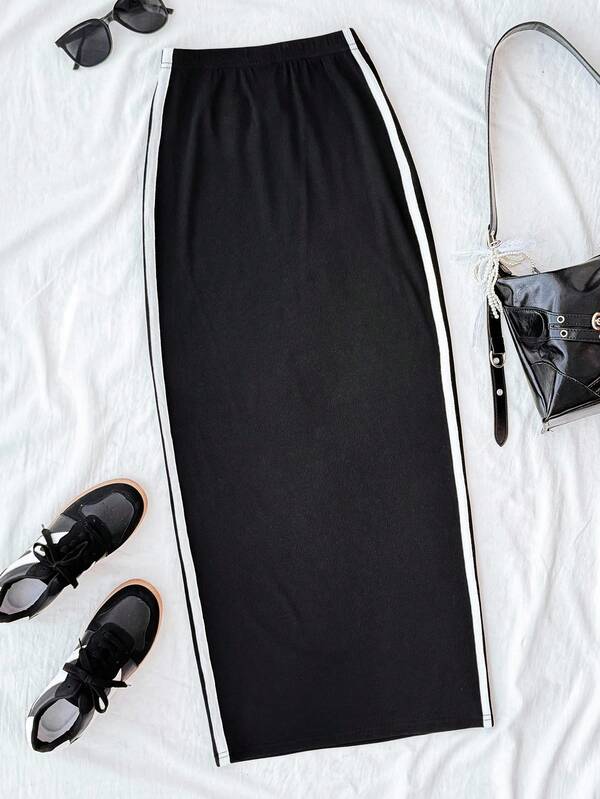 SHEIN Glowzi Teen Girl Casual Black Snug Fit Side White Tape Skirt Fall Winter