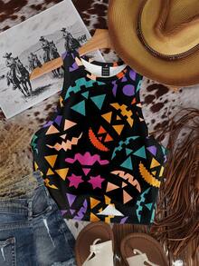 SHEIN EZwear 休闲简约圆领紧身女式背心，适合万圣节，笑脸印花别致上衣，适合万圣节派对 - 彩色 - 查看 2
