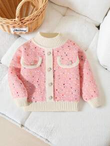 SHEIN Cárdigan de punto de manga larga con cuello redondo, color rosa con contraste blanco, cálido para niñas - Rosa - Ver 1