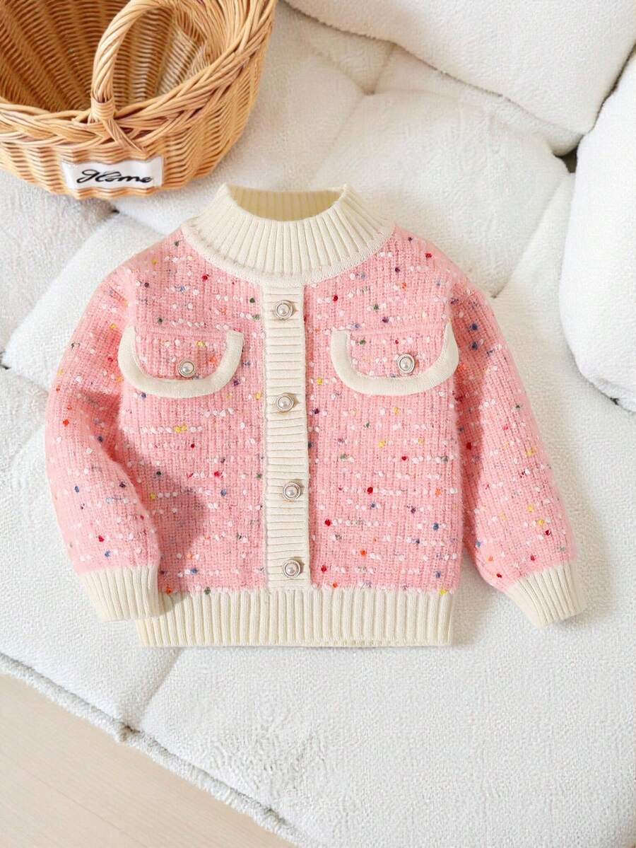 SHEIN Cárdigan de punto de manga larga con cuello redondo, color rosa con contraste blanco, cálido para niñas - Rosa - Ver 1