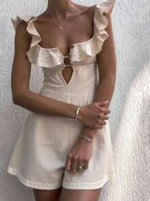 INAWLY Women's Fashion Deep V-Neck Ruffle Button Jumpsuit - Apricot - View 3