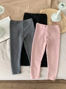 SHEIN 3pcs Young Girl Casual Versatile Knitted Thermal Lined Elastic Waist Solid Color Leggings Girls Leggings Leggings Young Girls Girl Leggings Kids Leggings Girls Pants Fall Winter - Multicolor - View 2