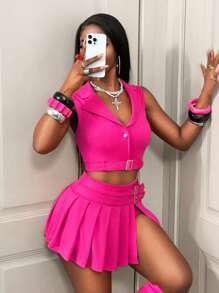 BamGleam Women's Solid Color Lapel NeckWaist Buckle Single-Breasted Short Vest And Pleated Skort 2 Pieces Set, Casual - Pink - View 5