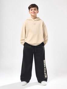 SUMWON 男童运动休闲阔腿裤，侧边印有文字图案和三星印花，抽绳腰带，适合秋冬季穿着 - 深灰色 - 查看 3