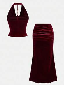 Girlism 2 件套优雅勃艮第红露背上衣和迷你裙套装，适合少女 - 酒紅色 - 查看 2