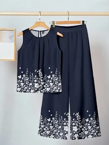 SHEIN Clasi Bộ đồ 2 món họa tiết hoa nhỏ thanh lịch, giản dị dành cho nữ, gồm áo ba lỗ và quần ống rộng, phù hợp cho mùa hè, họa tiết hoa nhỏ màu xanh navy - Nhiều màu - Xem 1