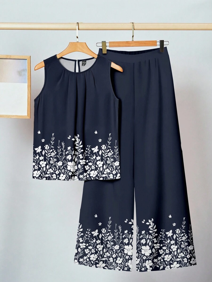 SHEIN Clasi Bộ đồ 2 món họa tiết hoa nhỏ thanh lịch, giản dị dành cho nữ, gồm áo ba lỗ và quần ống rộng, phù hợp cho mùa hè, họa tiết hoa nhỏ màu xanh navy - Nhiều màu - Xem 1