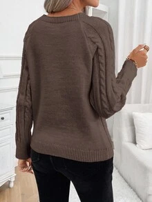 SHEIN LUNE Women's Casual Daily Simple Solid Color Button Detail Raglan Sleeve Cable Knit Sweater, Autumn/Winter Fall Cloth For Women - Mocha Brown - View 2