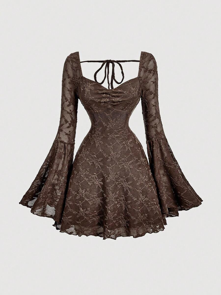 SHEIN MOD 女士咖啡棕色蕾丝提花喇叭袖短款针织连衣裙，新年女装 - 咖啡棕 - 查看 1