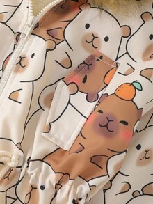 SHEIN Tween Girl Cute Casual Fashion Printed Hooded Jacket With Faux Fur Collar, Thermal Lined Parka, Suitable For Outings, Autumn/Winter, Skiing Girls Cartoon Jackets Cute Jackets Bear Print Jacket Fall - Apricot - View 3