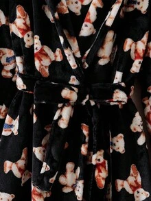 女式黑色简约可爱熊图案长袖长连帽睡袍睡衣夹克 - 黑色 - 查看 7