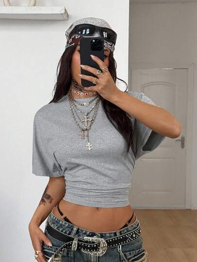 Coolane Women's Summer Minimalist Y2K Basic Daily Wear Casual Back To School Streetwear Stretchy Grey  Loose Ruched Crop Tees