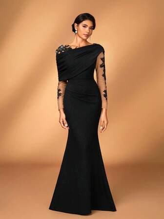 Serin Elegant Romantisk Lyxig Svart Elastisk Stickad Kontrast Mesh Asymmetrisk Volang Axelklänning Sjöjungfru Fåll, Lämplig För Kvällsfest, Singelfest, Dejt, Bal, Semester, Bröllop, Brudklänning för Mor