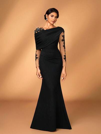 Serin Elegancka, romantyczna, luksusowa, czarna, elastyczna, dzianinowa sukienka z kontrastową siateczką i asymetrycznym marszczeniem na ramionach, z dekoltem syreny, idealna na wieczorne przyjęcie, imprezę dla singli, randkę, bal, wakacje, ślub, jako suknia macierzyńska