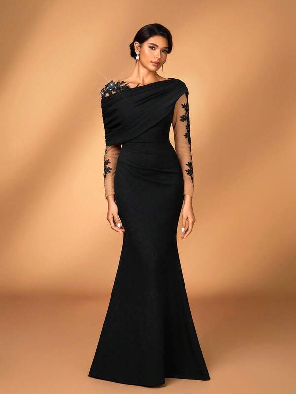 Serin Elegant Romantic Luxurious Black Elastic Knit Contrast Mesh Asymmetric Ruffle Shoulder Mermaid Hem Dress, Suitable For Evening Party, Singles Party, Date, Ball, Vacation, Wedding, Bridal Mother Gown