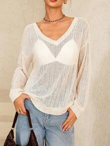 Lymera New Women's White Casual Elegant Sheer Loose V-Neck Sweater Tops With Asymmetric Off Shoulder Autumn Fall Winter For Women New Year Christmas Going Out Party Commuting Occasion