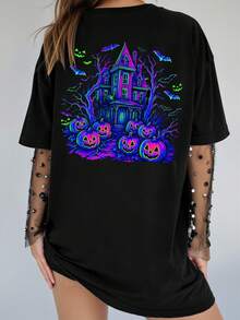 EMERY ROSE Plus Size Halloween T-Shirt, Plus Size Streetwear Graphic Short Sleeve T-Shirt, Cute Summer Top - Black - View 4