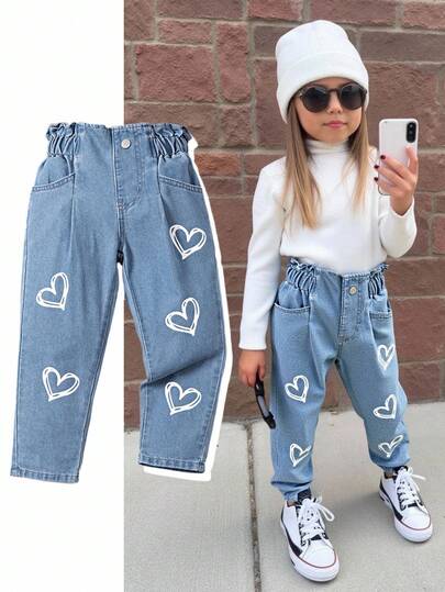 Elladie kids 年轻女孩牛仔裤，可爱时尚的蓝色牛仔水洗白心形印花锥形裤，休闲百搭，适合日常穿着和上学，女孩牛仔裤