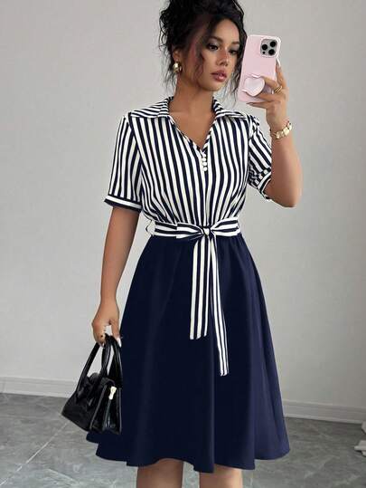 Elenzga 女式条纹短袖系带中长连衣裙