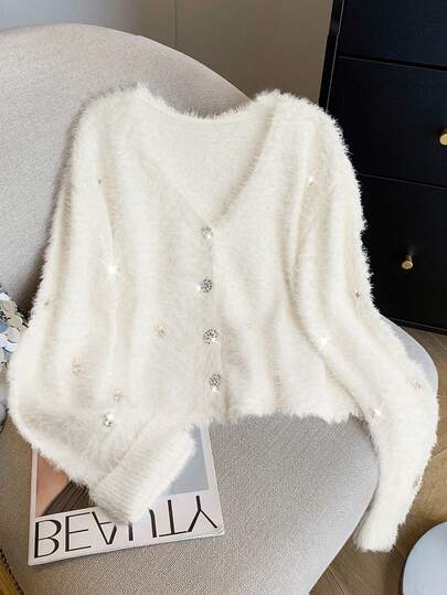 GlowEve CURVE 1 件女式加大码 V 领蝙蝠袖长袖毛绒水钻装饰简约开衫