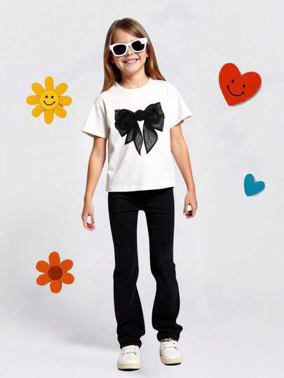 GraphicGems Tween Girls Bowknot Print Casual Round Neck Short Sleeve T-Shirt