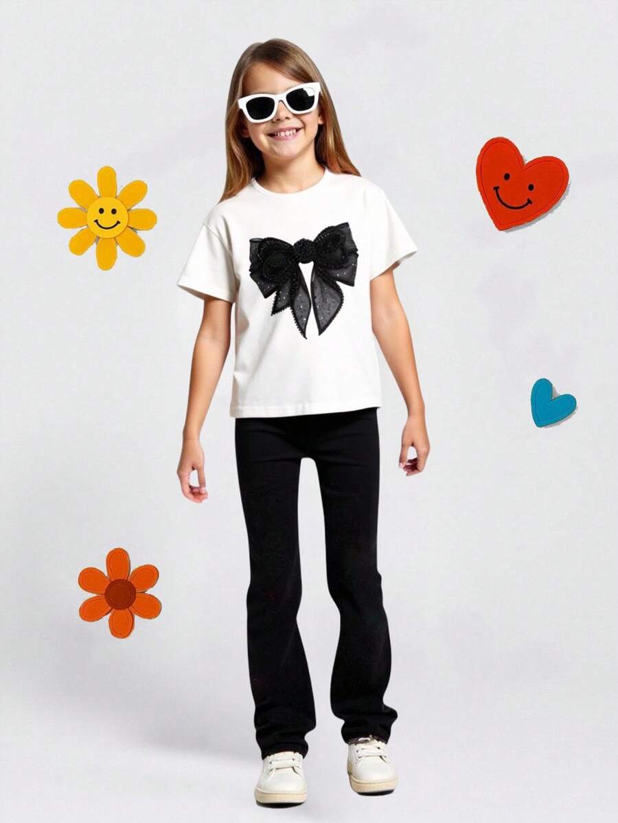 GraphicGems Camiseta de manga corta con cuello redondo estilo casual con estampado de lazo para niñas preadolescentes - Blanco - Ver 1