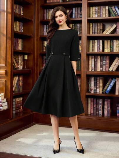 Vintamour Vintage Classic Elegant Women's Dress, Fitted Boat Neck 3/4 Sleeve Dress With Waist Strap And Button, Navy Blue Dress,Elegant Dresses For Women Women Dresses Autumn Winter New Year Dress New Year Women's Clothes  Black Dress