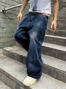 Manfinity EMRG 男式休闲洗水宽松牛仔裤 - 藍色 - 查看 7