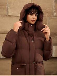 CLARA VERO Áo khoác dài có mũ trùm đầu, màu trơn đơn giản, có túi nắp, khóa kéo, dáng rộng, mùa đông cho nữ - màu nâu - Xem 6