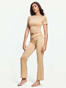 SHAPORA 2-częściowy damski, lekki, modelujący, wygodny, swobodny T-shirt z kopertowym dekoltem i spodnie dzwony, idealny na piżamy lub odzież wierzchnią - Morela - Zobacz 4