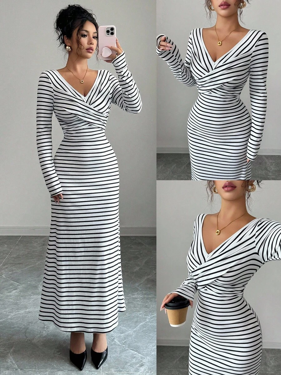 Elenzga Spring & Autumn New French Casual Elegant V-Neck Criss-Cross ...