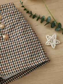 SHEIN 青少年女孩时尚优雅编织格子金属装饰纽扣短裤