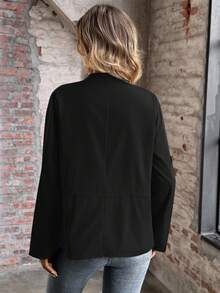 EMERY ROSE 女式休闲纯色前开式风衣，秋季 - 黑色 - 查看 2