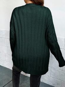 EURMUSE Plus Size Casual Solid Color Front Button Textured Knit Cardigan, Autumn/Winter - Dark Green - View 2