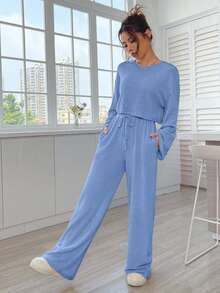 EURMUSE Conjunto de 2 peças feminino casual para deslocamento, cor sólida, simples, canelado, ombro caído, manga larga, camiseta curta e calça reta com cordão na cintura, primavera/outono - Azul - Ver 3
