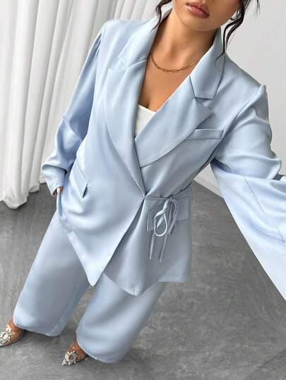 Elenzga Plus Size Women Elegant Solid Color Tie-Up Blazer Suit Set, Suitable For Commuting, Autumn/Winter Fall Cloth For Women