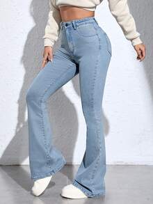 Jeanoix Women's High Waist Pocketed Flare Casual Versatile Jeans - Light Wash - View 3