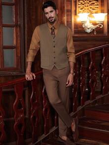 Manfinity Bizformal Chaleco de vestir/casual marrón claro con botones para hombre - Marrón - Ver 3