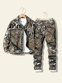 Tween Boys 两件套迷彩牛仔套装 - 时尚街头风格迷彩印花牛仔夹克和松紧腰直筒牛仔裤