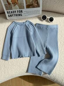 SHEIN Baby Girl Solid Color Round Neck Raglan Sleeve Knit Casual Sweater Set Fall Winter - Baby Blue - View 5