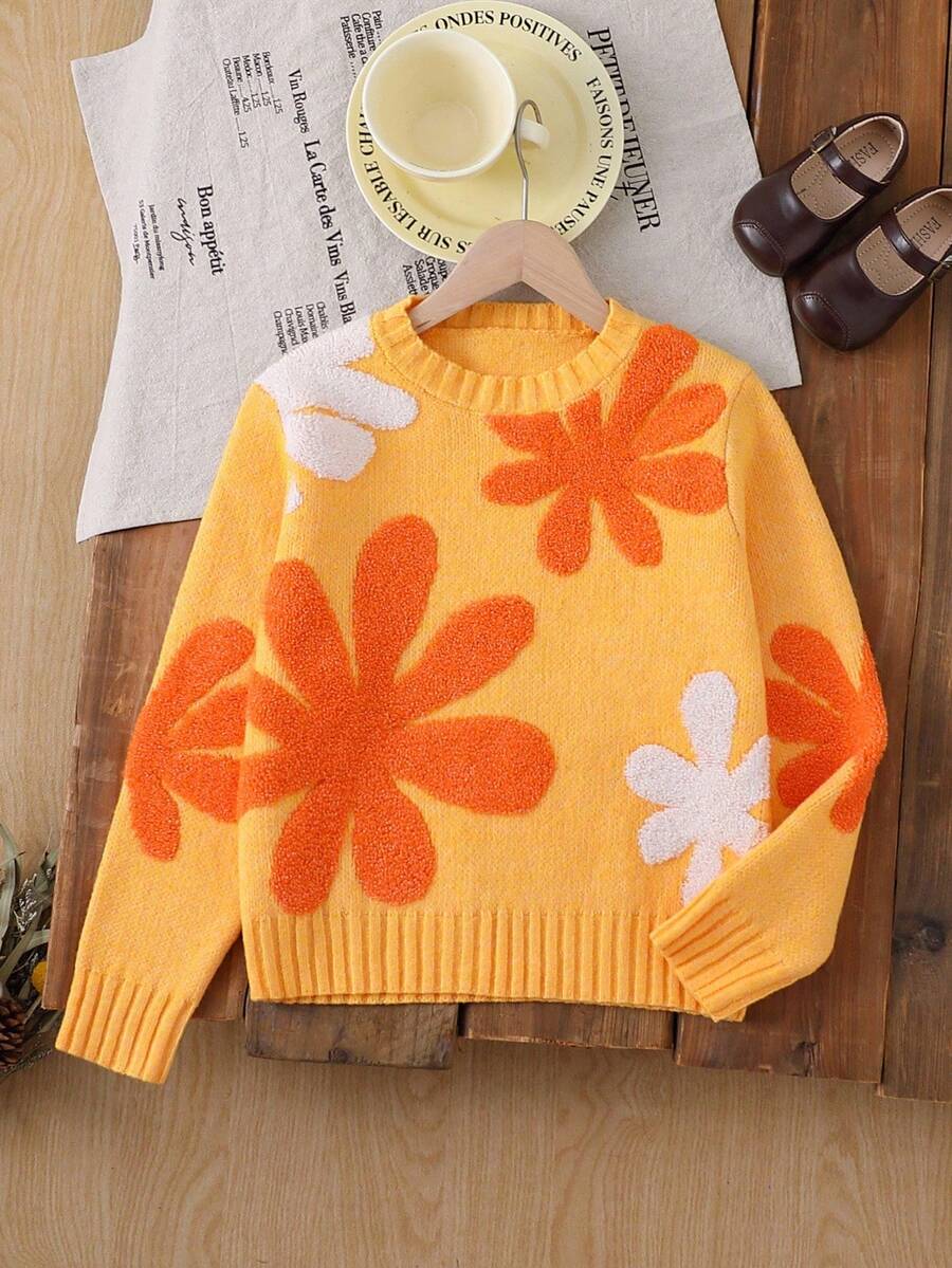 Sparklyn Áo len dệt kim họa tiết hoa 3D cỡ lớn cho bé gái - Màu vàng - Xem 1