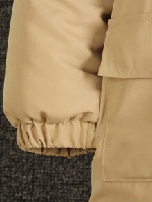 SHEIN 1 件年轻男孩休闲卡其色加厚连帽长袖夹克，前口袋装饰，简约时尚，适合 4-7 岁男孩日常休闲穿着，返校季 - 杏色 - 查看 5