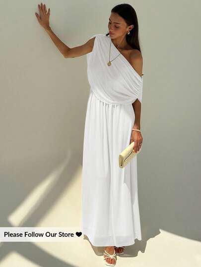 Aloruh New Draped Shoulder Ruched Decor Slim Fit Extra Long Flowy Maxi Party/Holiday Versatile Lightweight Dress,Wedding Guest Dress Women