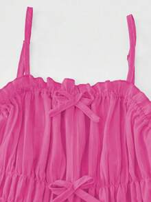 SHEIN 2件套少女荷叶边吊带褶皱蝴蝶结吊带背心和裤子套装，时尚百搭，适合度假和日常穿着 - 玫紅色 - 查看 5