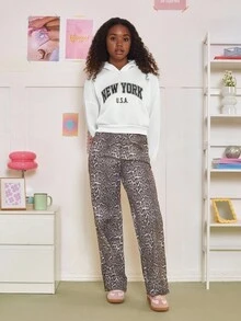 SHEIN 3 件套青少年女孩休闲字母印花针织连帽短款宽松运动衫套头衫，黑/白/灰，买 1 送 2