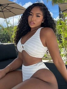 Alexandranx Conjunto de bikini con estampado de rayas, escote en V y decoración de anillo - Albaricoque - Ver 6