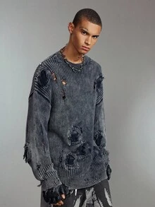 ROMWE MEN Grunge Punk 男士破洞长袖毛衣，秋冬，垃圾摇滚风格