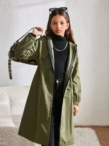 SHEIN Tween Girl Casual Fashion Loose English Ribbon Hooded Cinched Waist Parka Jacket Coat, Military Green Stylish Girl Outerwear, Tween Girl Outfits, Kids Trench Coat, Green Trench Coat For Girls,In Fall/Winter - Army Green - View 2
